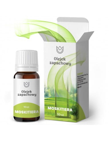 Butelka z olejkiem zapachowym Moskitiera o pojemności 10ml obok pudełko