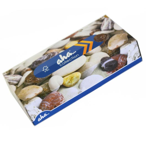 Chusteczki kosmetyczne z wzorem Kamienie na opakowaniu, pakowane po 100 chusteczek w pudełku wykonane z dwóch warstw miękkiej, białej, 100% celulozowej bibułki tissue