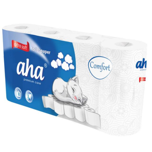 Papier toaletowy aha smart pakowany po 8 rolek w paczce wykonany ze 100% celulozy, 3 - warstwy,