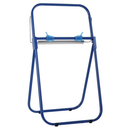 Stojak podłogowy wykonany jest ze stalowych rurek, pomalowanych proszkowo w kolorze niebieskim ciemnym.  Jest trwały i odporny na uszkodzenia.