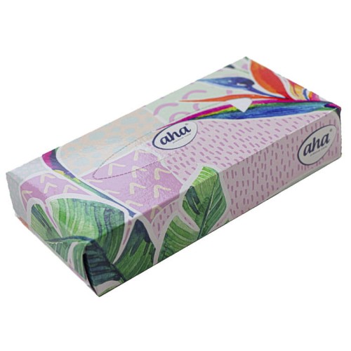 Chusteczki kosmetyczne z wzorem Kwiatów na opakowaniu, pakowane po 100 chusteczek w pudełku wykonane z dwóch warstw miękkiej, białej, 100% celulozowej bibułki tissue