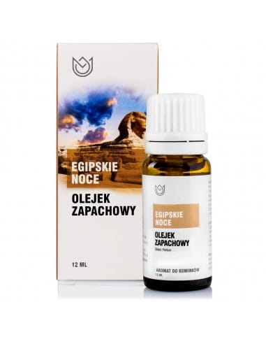 Butelka z olejkiem zapachowym Egipskie Noce o pojemności 10ml obok pudełko