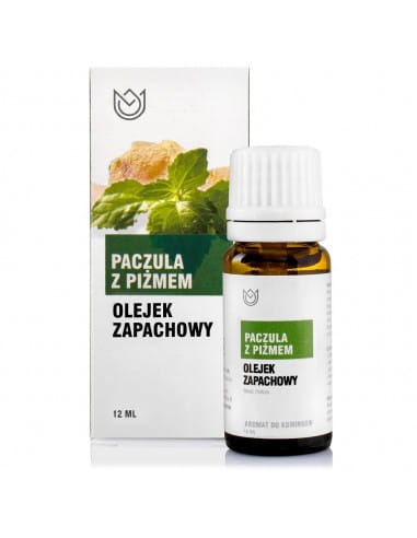 Butelka z olejkiem zapachowym Paczula i Piżmo o pojemności 10ml obok pudełko