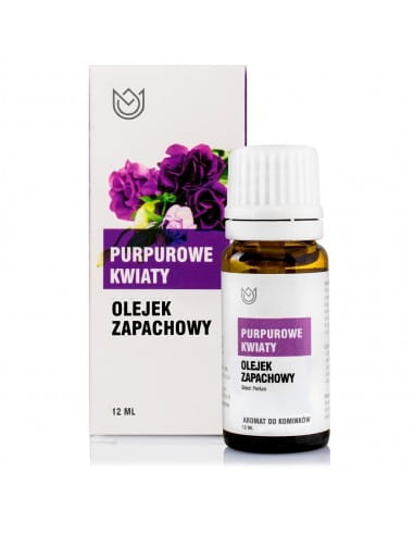 Butelka z olejkiem zapachowym Purpurowe Kwiaty o pojemności 10ml obok pudełko