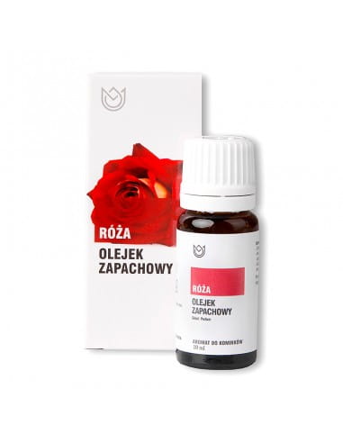 Butelka z olejkiem zapachowym Róża o pojemności 10ml obok pudełko