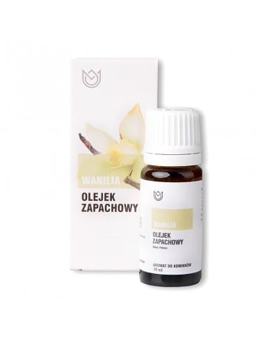 Butelka z olejkiem zapachowym Wanilia o pojemności 10ml obok pudełko