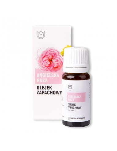 Butelka z olejkiem zapachowym Angielska Róża o pojemności 10ml obok pudełko