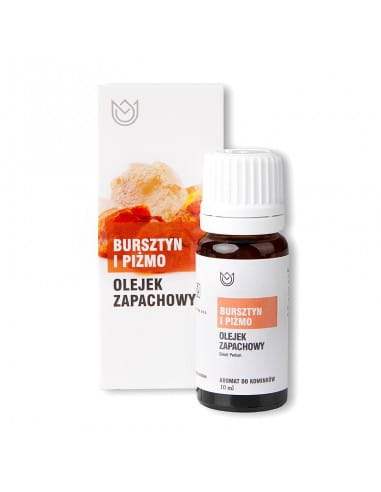 Butelka z olejkiem zapachowym Bursztyn Piżmo o pojemności 10ml obok pudełko