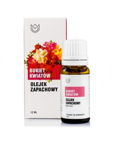 Butelka z olejkiem zapachowym Bukiet Kwiatów o pojemności 10ml obok pudełko