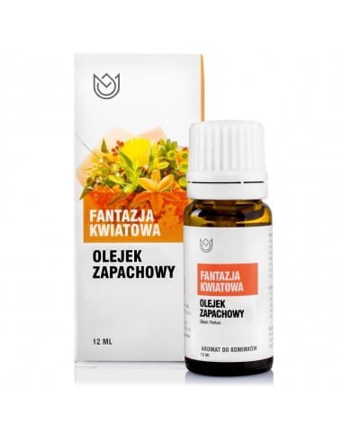 Butelka z olejkiem zapachowym Fantazja Kwiatowa o pojemności 10ml obok pudełko