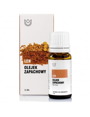 Butelka z olejkiem zapachowym o zapachu Lnu o pojemności 10ml obok pudełko