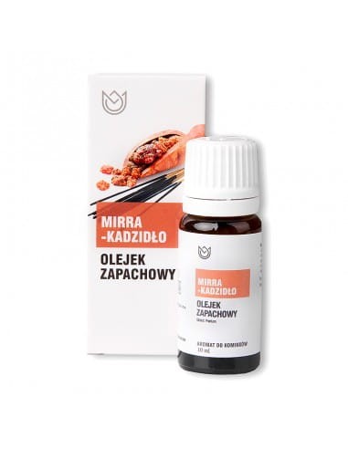 Butelka z olejkiem zapachowym Mirra Kadzidło o pojemności 10ml obok pudełko