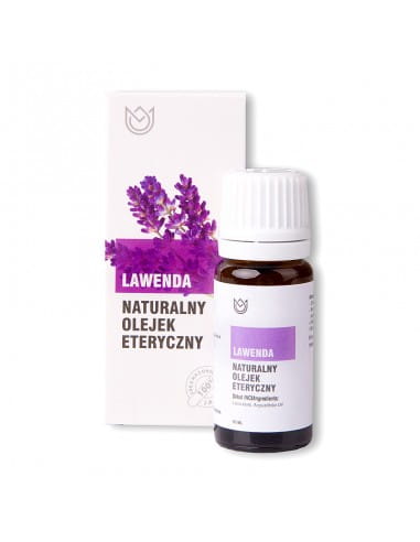 Butelka z olejkiem zapachowym Lawenda o pojemności 10ml obok pudełko