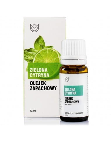 Butelka z olejkiem zapachowym Zielona Cytryna o pojemności 10ml obok pudełko